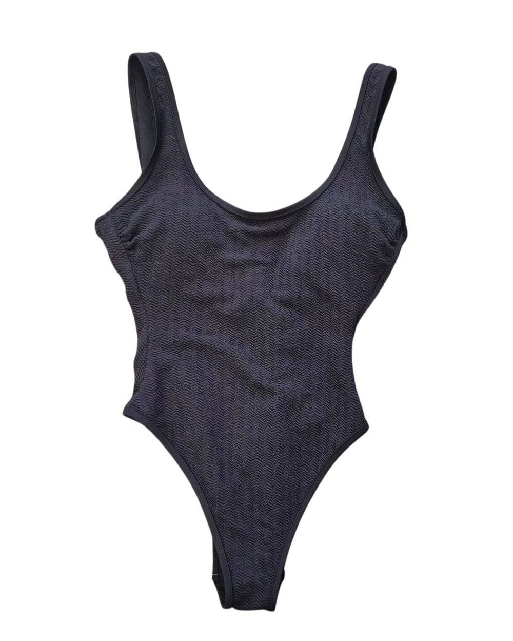 NWT No Boundaries Black Herringbone Crinkle One Piece Swimsuit Cheeky High Leg S